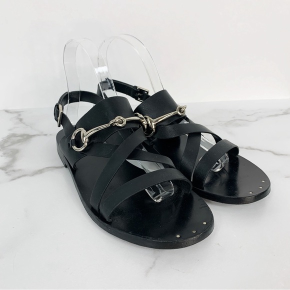 GUCCI Juliette Black Leather Horsebit Open Toe Flat Strappy Summer Sandals 38.5 - Picture 5 of 13